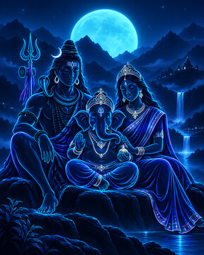 Serene mahadev ganesh and durga family glowing in moonlight celebrating ganesh chaturthi maha shivratri and durga puja beside mountain waterfalls at night