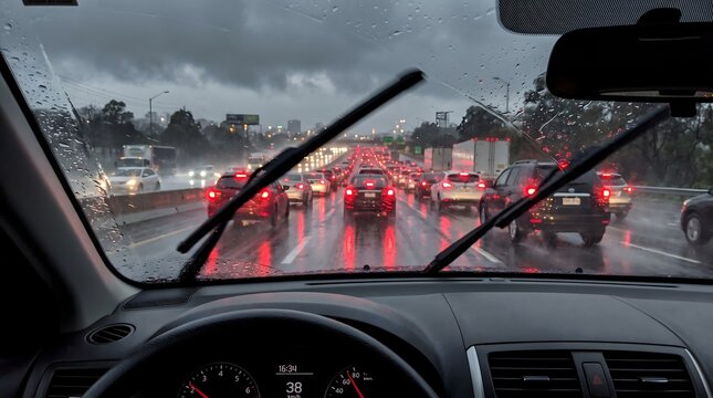 Driving in heavy rain on a congested highway with wipers active.