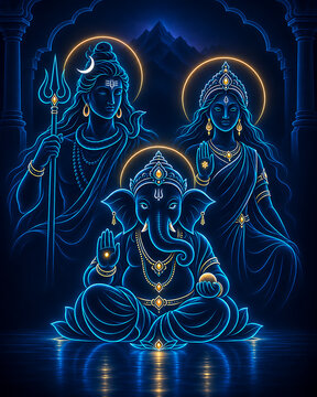 Glowing mahadev ganesh and durga devotional line art celebrating ganesh chaturthi maha shivratri and durga puja beneath arches moon and temple lamps