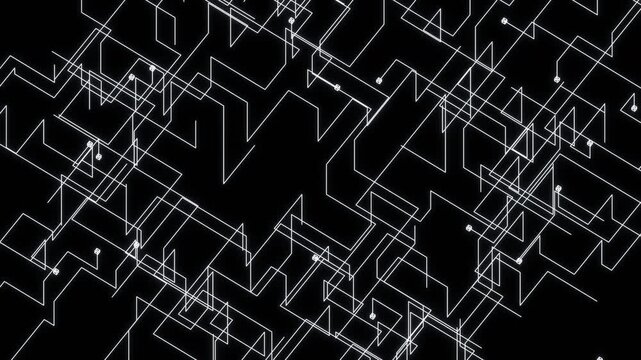 Abstract Geometric Line Network on Dark Background.An abstract digital background featuring thin glowing geometric lines, angular paths, connected nodes, and overlapping polygonal structures.