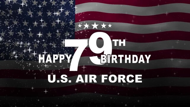 U.S. air force birthday text animation with waving flag and fireworks. Perfect for military events, aviation promotions, patriotic presentations, and history videos.