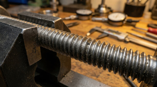 Rustic Metal Lathe Screw Thread Close Up on Bench