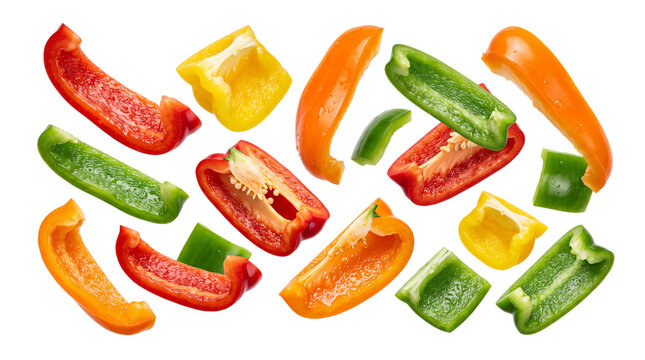 Assorted bell pepper halves and slices in isolated on png transparent background