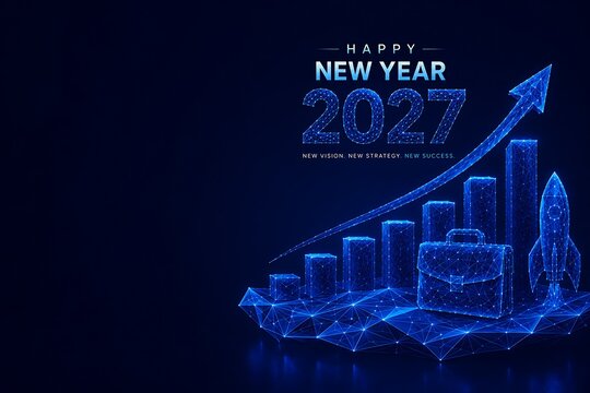 Business growth financial chart with rocket and briefcase in digital wireframe style for new year 2027 business financial briefcase wireframe strategy planning investment progress abstract