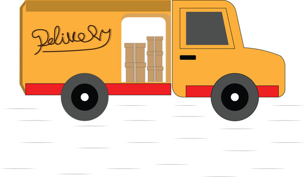Cartoon delivery truck with packages in motion moving fast on a white background vector illustration