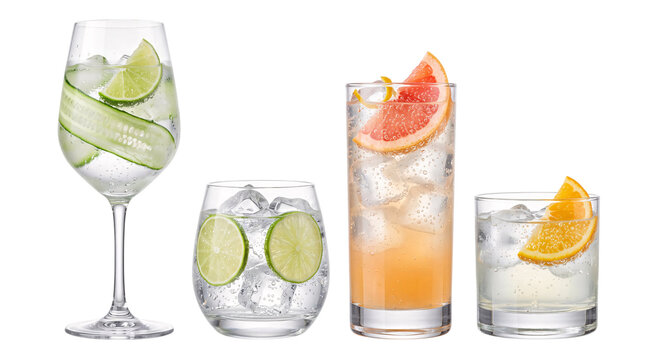 Assortment of four refreshing gin and tonic isolated on png transparent background