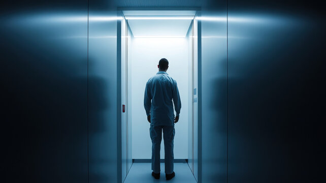 Man in coveralls standing alone inside a modern illuminated elevator shaft with industrial building service lift industrial interior building maintenance vertical transport worker silhouette