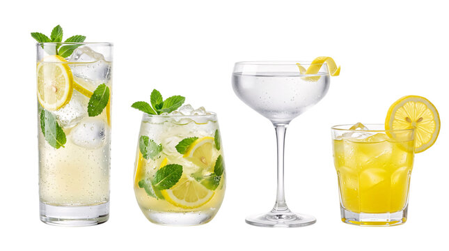 Assortment of four refreshing lemon and mint isolated on png transparent background