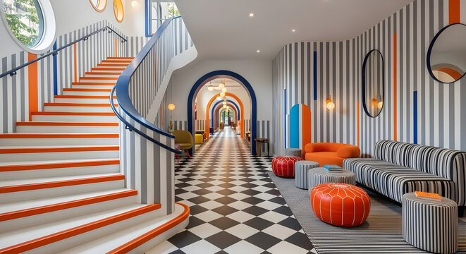 Modern Boutique Hotel Lobby Interior Featuring Vibrant Orange and Blue Striped Decor with a Grand Curved Staircase and Chequerboard Flooring