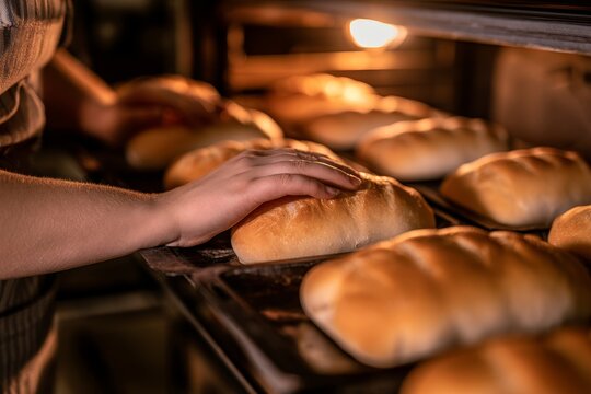Baker checking fresh bread loaves baking in oven