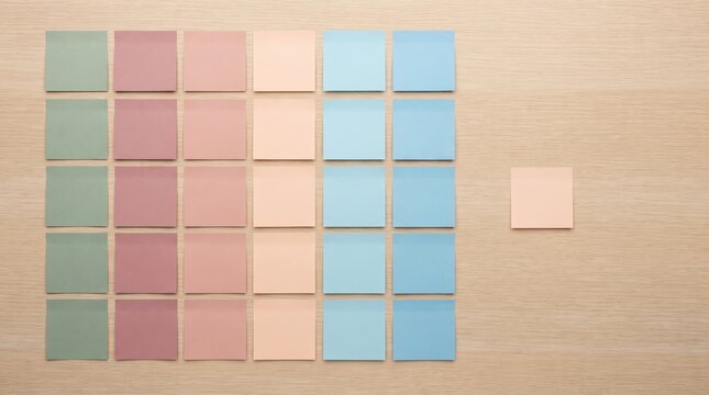 Blank seating chart arrangement with colored sticky notes on wood desk
