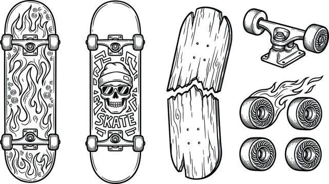 Skateboard culture vector graphic set featuring flame patterns human skull artwork broken board deck trucks and burning wheels