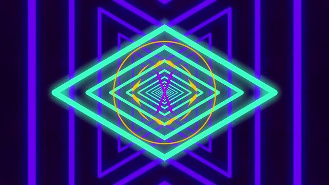 Neon geometric tunnel motion animation with glowing vibrant diamond shapes