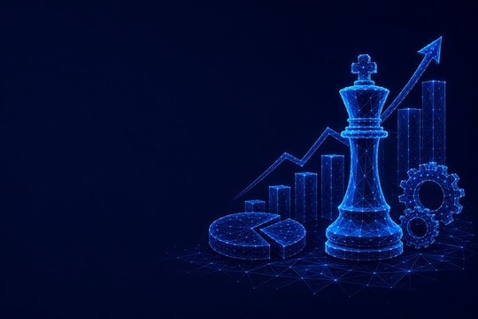 Digital chess king on a growing financial chart representing strategic leadership and business growth with business strategy market trends economic development business analytics corporate strat