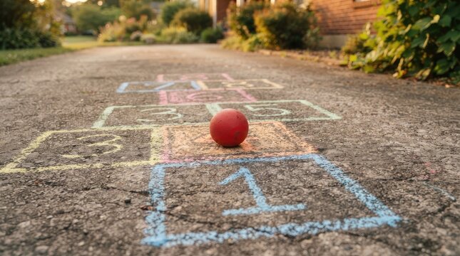 Colorful hopscotch game drawn in chalk on a suburban driveway with a red ball