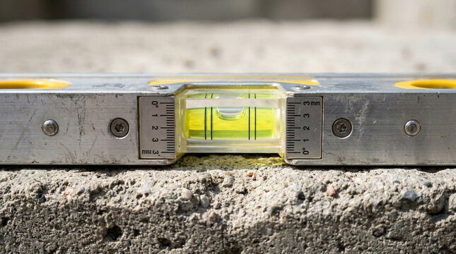 Close-up of a spirit level on concrete, measuring accuracy and construction