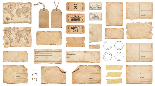 Vintage travel scrapbooking elements set with old paper, tickets, maps, and tags