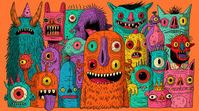 A Motley Crew of Monsters: A vibrant and whimsical collection of fantastical creatures, each with unique features and expressions, gathers together in a colorful, illustrated display.