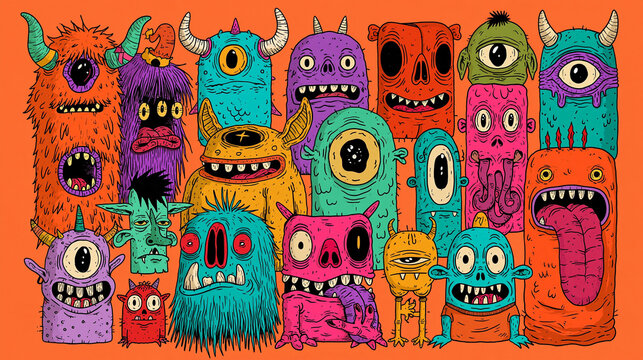 Vibrant Monster Collection: A playful assortment of quirky, colorful monsters with unique features and expressions, presented against a bright orange backdrop, evoking a sense of fun and imagination.