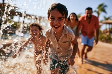 Fototapeta premium Happy family running through water fountain at outdoor water park