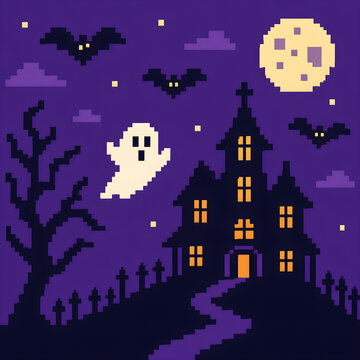A pixelated image of a Halloween scene with a ghost and a house