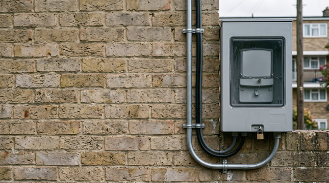 Smart electricity meter installed in locked metal utility box mounted on exterior brick wall