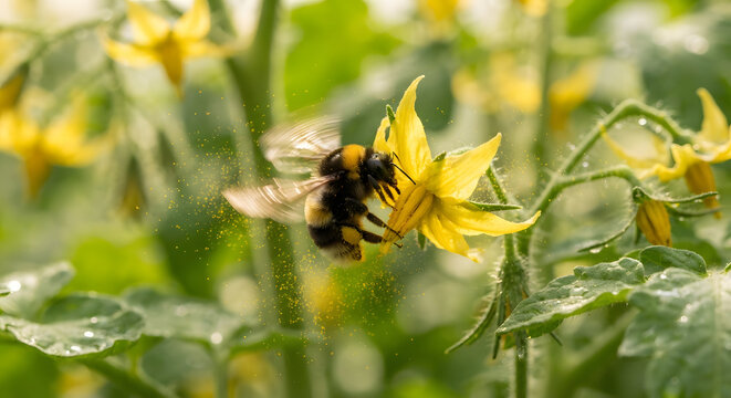 A bumblebee pollinating a yellow flower in a garden