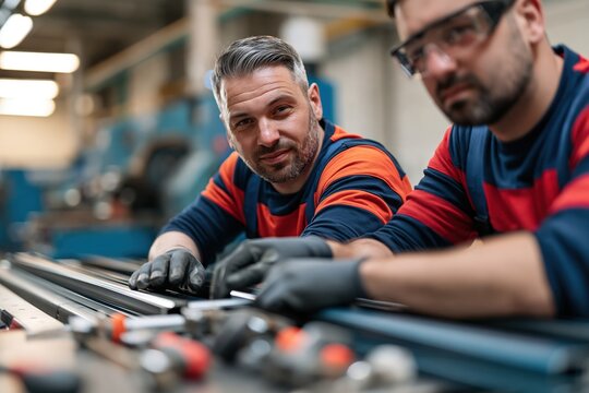 Two assemblers fitting aluminum window frame corners on precision workbench