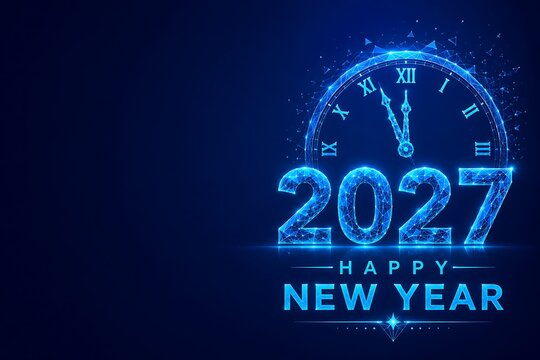 Elegant blue wireframe clock 2027 new year holiday concept design with blue background roman numerals wireframe celebration abstract technology futuristic midnight greeting countdown