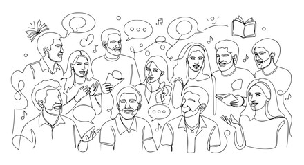 Fototapeta premium Diverse Group of People Talking and Communicating with Speech Bubbles, Isolated Line Art