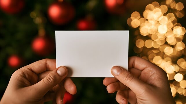 POV faceless hands holding blank Christmas greeting card mockup.