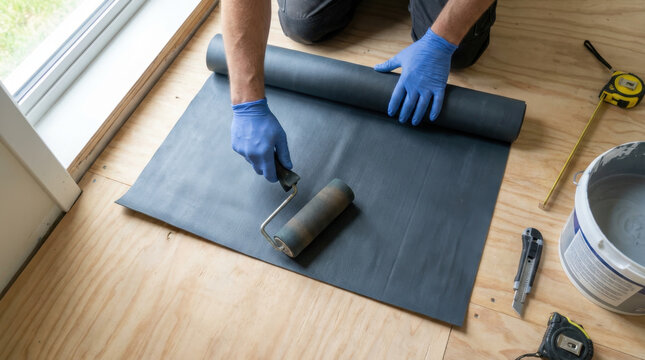 Professional Installer Rolling Black Roofing Underlayment on Floor