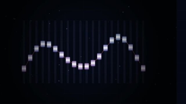 Digital audio mixing interface featuring silver faders in a waveform pattern against a dark grid background, representing sound engineering, frequency modulation, and music production.
