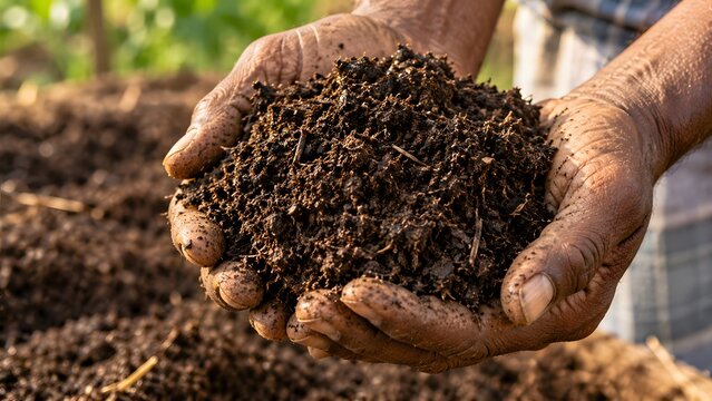 Farmer holding a handful of rich organic soil in a field with natural sunlight for agriculture