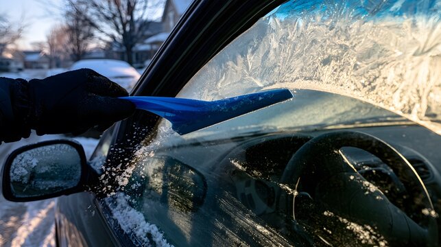 POV Hand Scraping Frost off Frozen Car Windshield in Winter.