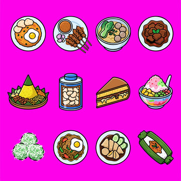 Set of Indonesian traditional food, street food, and culinary icons in colorful flat outline style