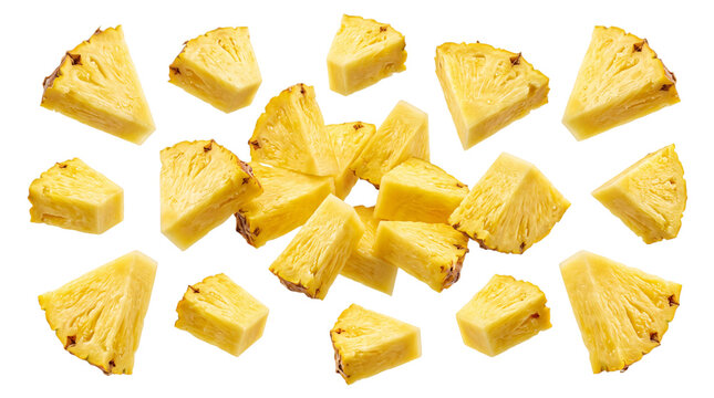 Scattered pineapple chunks and wedges on isolated on png transparent background