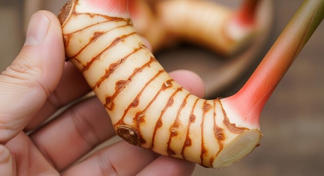 Galangal root held in hand with shallow depth of field during daylight for culinary concepts