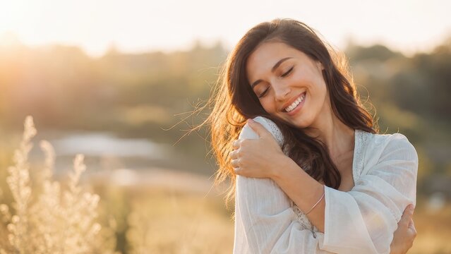 Young woman hugging herself in meadow at sunset concept of self love and acceptance