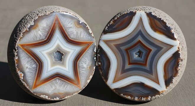 Geode Halved revealing star agate crystal formation with layered bands and rough exterior
