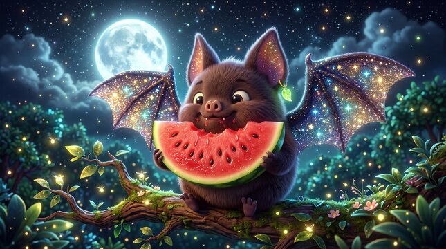 Adorable Fluffy Bat with Sparkly Galaxy Wings Eating Watermelon Under a Full Moon in a Magical Night Forest