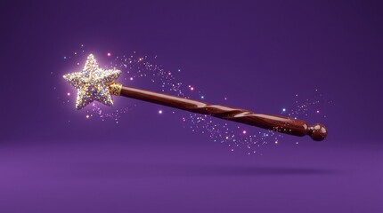 Enchanted wooden magic wand with a sparkling gold glitter star tip and glowing trail of fairy dust against a vibrant purple background