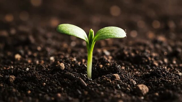 Close-up of nutrient-rich organic soil with visible seed germination and emerging plant roots in controlled agricultural setting with detailed text...