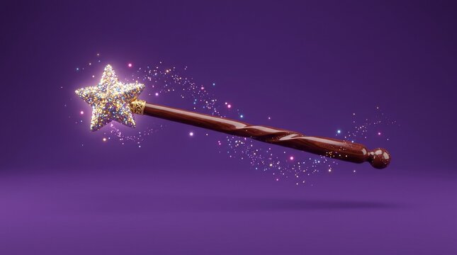 Enchanted wooden magic wand with a sparkling gold glitter star tip and glowing trail of fairy dust against a vibrant purple background