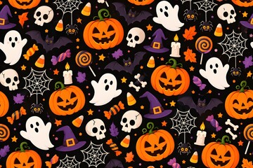 Fototapeta premium Cute Halloween Seamless Pattern with Pumpkins, Ghosts, Bats, Skulls, Candy and Spider Webs on Black Background. 