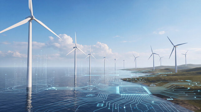 Wind Energy for a Sustainable digital Future, banner, Digital Constellations: Navigating the Cyber Universe - Futuristic Technology Banner, Eco-Friendly Power: Harnessing Renewable