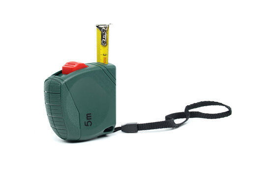 Green retractable tape measure with red button and black strap on white background