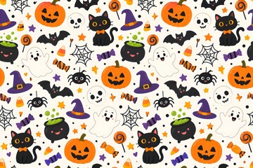 Obraz premium Cute Halloween Seamless Pattern with Black Cats, Pumpkins, Ghosts, Bats, Spiders and Witch Hats. 