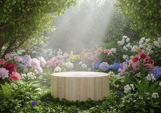 Floral product display stand in lush garden setting 3d rendering