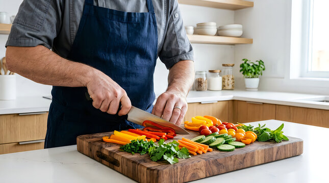 A chef wearing a blue apron uses a sharp knife to chop fresh colorful vegetables on a wooden board